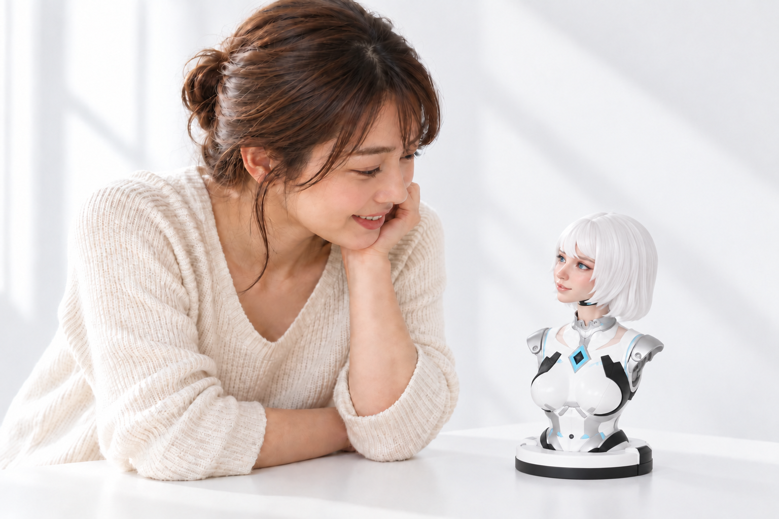 白い空間で、女性とNIAが向かい合って話すイメージ